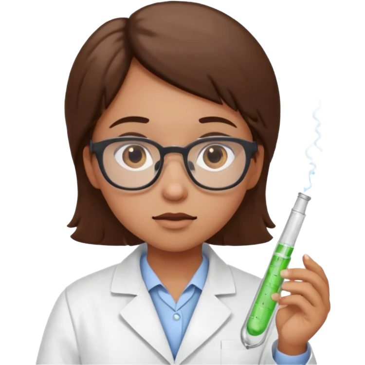 Portrait of a young scientist wearing a white lab coat, glasses, holding a test tube, curious expression emoji