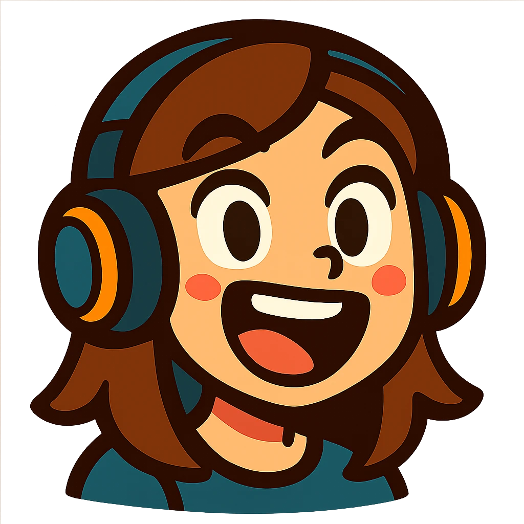 brown-haired gamer girl, excited expression, headphones, head only, emote emoji