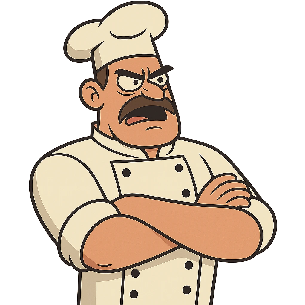 a chef in uniform, arms crossed, stern expression, drill sergeant vibe, 2D cartoon style emoji