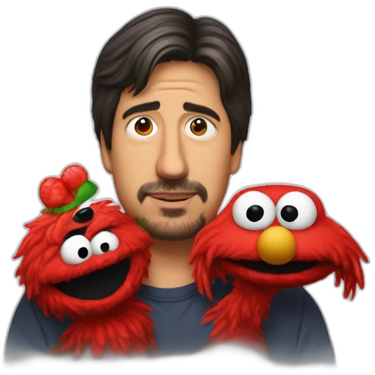 Ray Romano holding a limp shuteyed Elmo by the scruff of his neck emoji