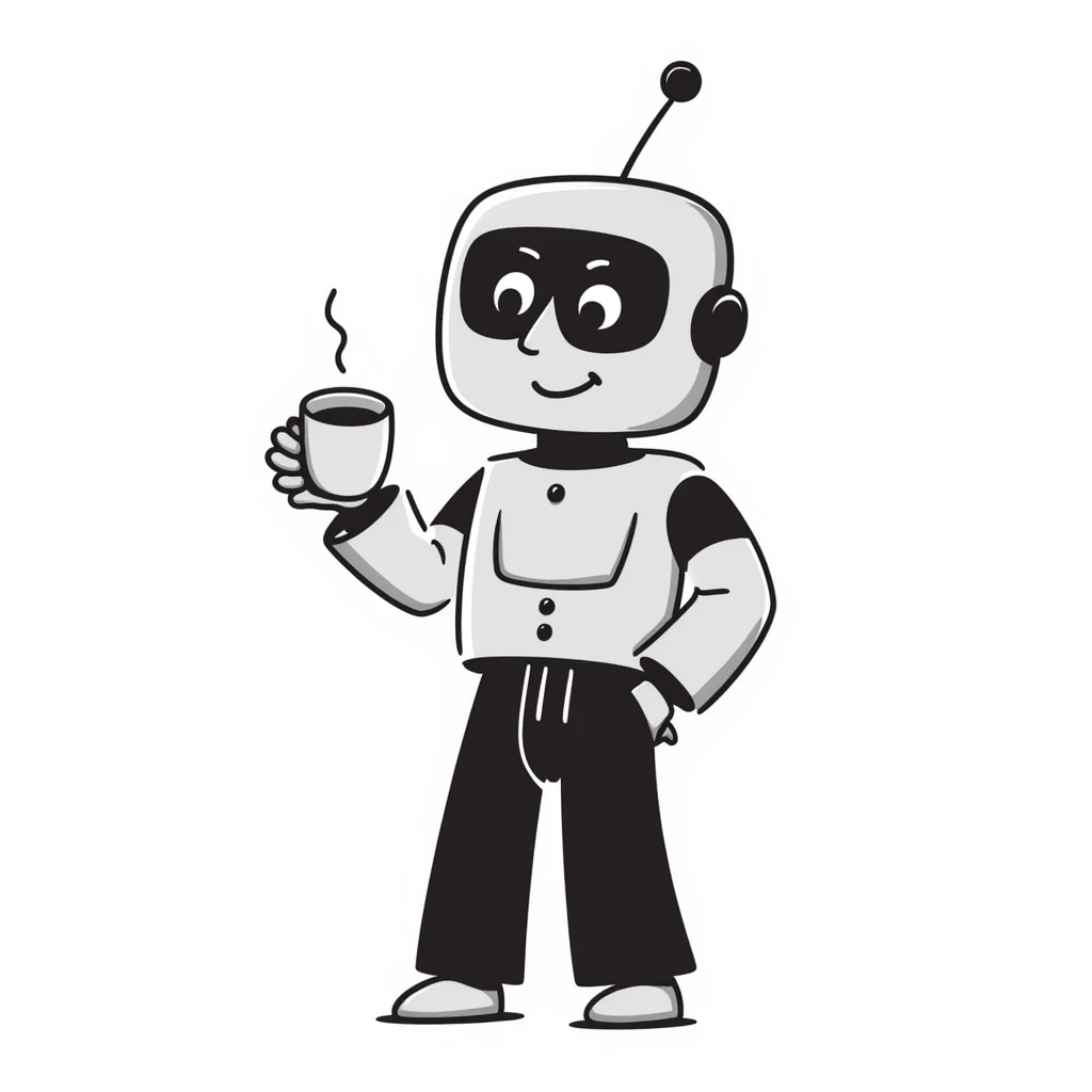 A hand-drawn robot character happily holding a coffee mug emoji