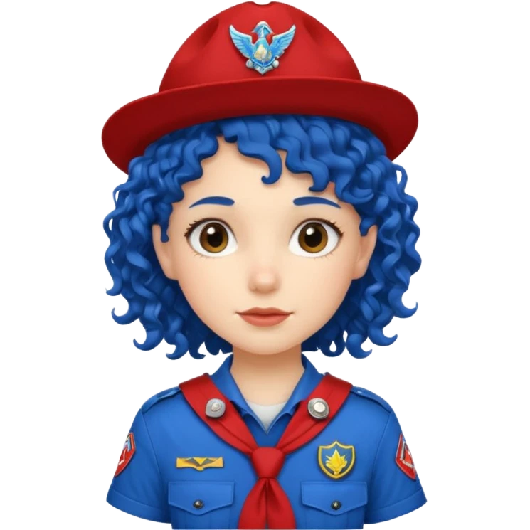 scout girl with red scout uniform, blue curly haired emoji