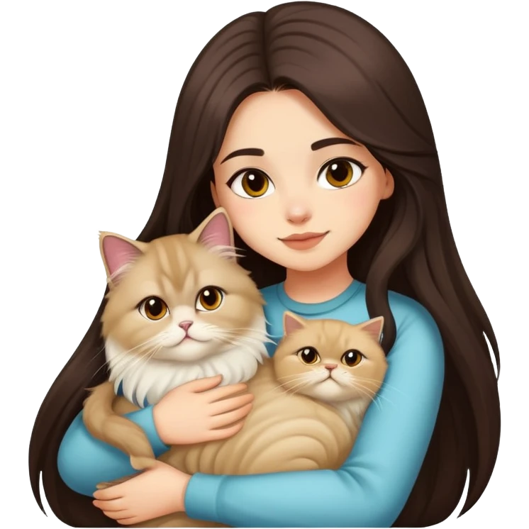 A pretty girl with long dark hair is hugging her light hair persian cat. emoji
