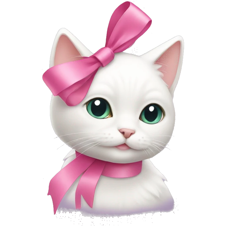 Cute full white cat with pink ribbon emoji
