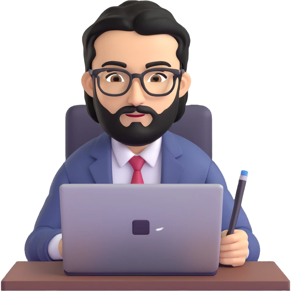 middle eastern businessman with medium length black beard, black hair, thick unibrow, elongated nose, tan skin, brown eyes, glasses, in business casual outfit, working on a notebook computer emoji