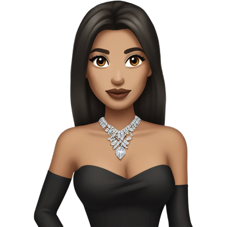 Brunette woman pale tan skin tone. Blowdried layered bouncy. Diamond earrings and necklace big lips. Kim k and kylie look alike. Black elegant dress emoji