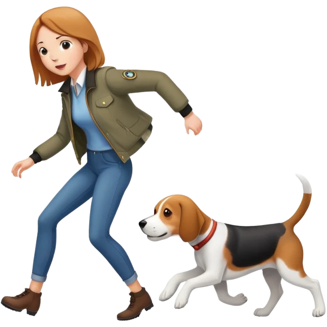 A beautiful tall girl with fair skin wearing a jacket chasing a beagle emoji