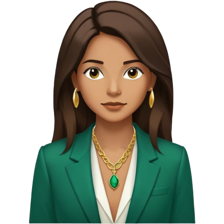 Emoji femenino con cabello suelto corto hasta los hombros castaño oscuro. Tono de piel bronceado. Viste blazer color verde esmeralda y blusa de vestir blanca. Lleva tres collares color dorado. Minimalista, clasico emoji