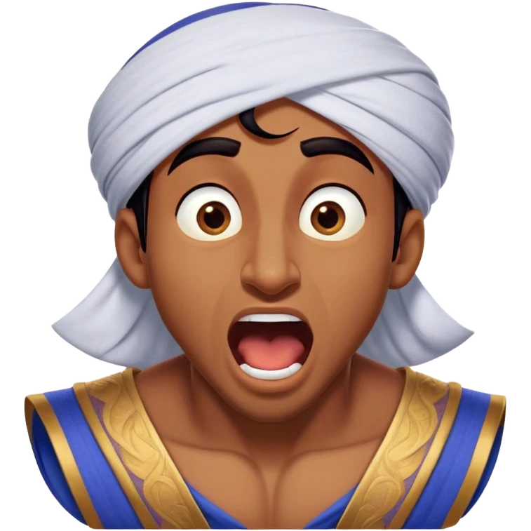 Cinematic Realistic Aladdin Portrait, head tilted slightly with a dramatic, wide-open yawn, revealing a relaxed, yet still vigilant expression. The lifelike textures of his skin and carefully rendered fabric of his attire combine with warm, ambient lighting to capture a moment of endearing, laid-back heroism. emoji