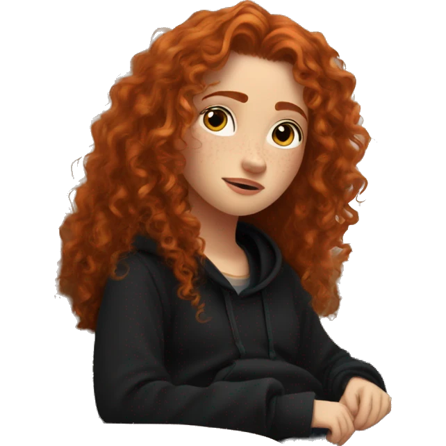 redhead long hair curly hair girl like merida chilling in black hoodie with freckles on couch  emoji