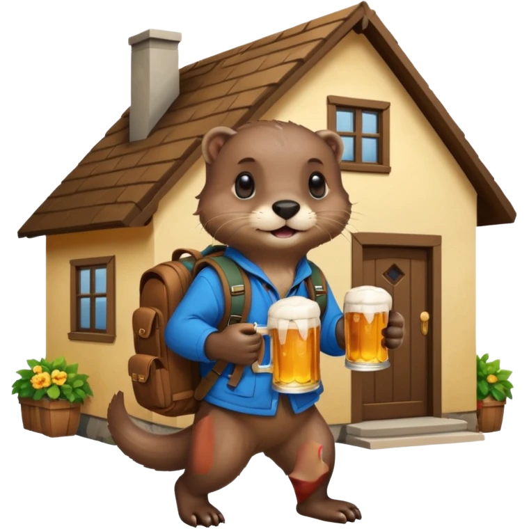 otter with a backpack holding a beer entering a house emoji