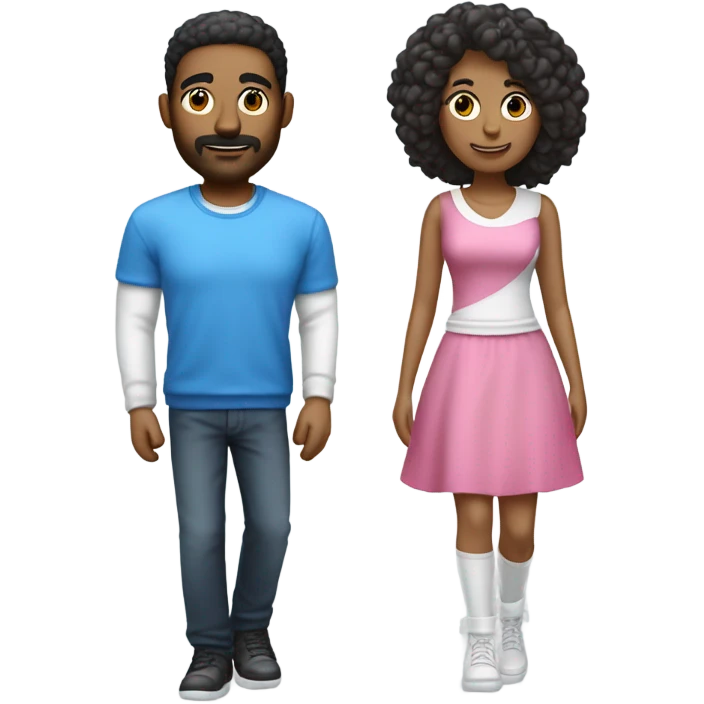 Casal branco jogador videogame cabelos pretos roupas azul e rosa emoji