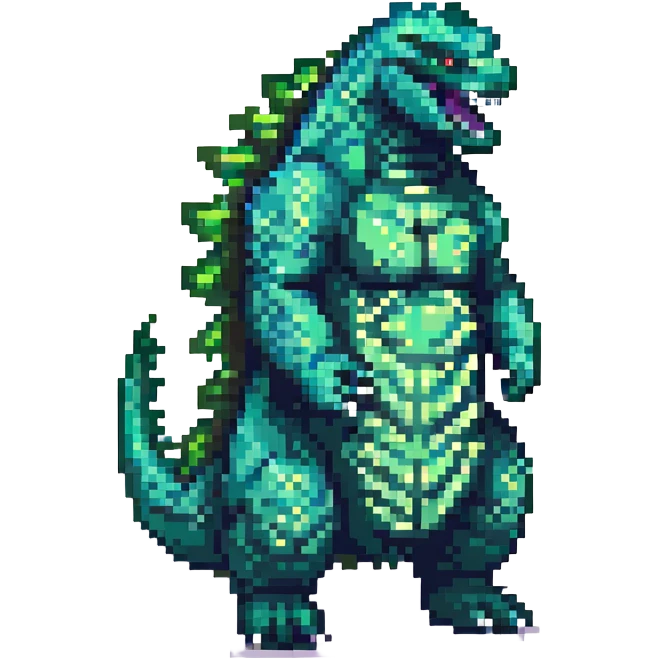 Godzilla, detailed, green scales, city background, pixel art style emoji
