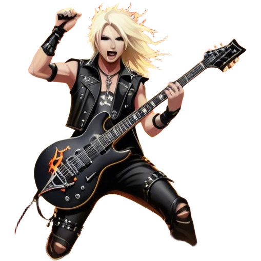 Icon for Heavy Metal: a metal band on stage, with electric guitars, drums, and a powerful vocalist. The atmosphere is intense with flashing lights, music notes, and a crowd of fans. The design should capture the energy and power of a live heavy metal performance. Transparent background. emoji