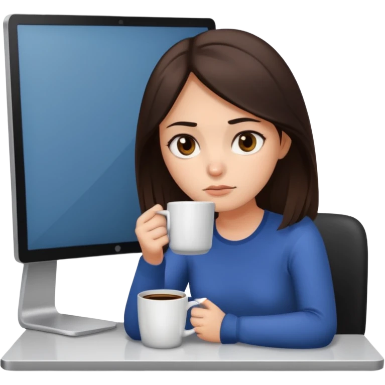 A brunette girl with dark brown eyes, dark circles under eyes, tired, sad face, with a mug of coffee in one hand and sitting in front of a computer emoji