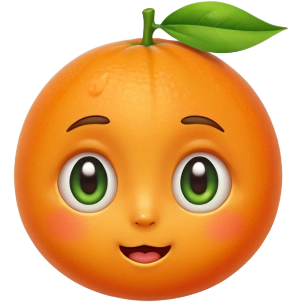 cute tangerine emoji with teary touched expression, shiny big eyes, small smiling mouth, slightly blushing cheeks, little green leaf on top, warm and emotional emoji