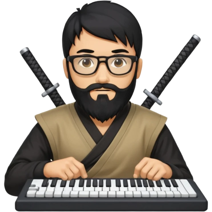 Man with black hair and beard wearing glasses in a ninja costume. Keep the top left version, make the beard longer and replace the sword with a keyboard  emoji