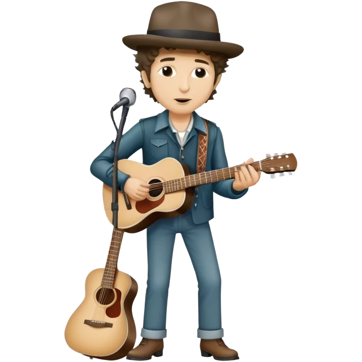 Icon for Folk Music: Bob Dylan with his harmonica and acoustic guitar, performing with his band on stage. The atmosphere should be intimate and nostalgic, capturing the soul of folk music with simple instruments and natural vibes. Transparent background. emoji