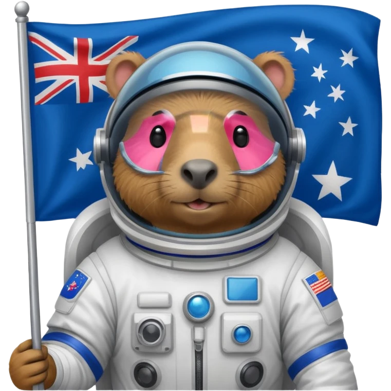 Capypara in space suit, holding blue rectangle flag emoji