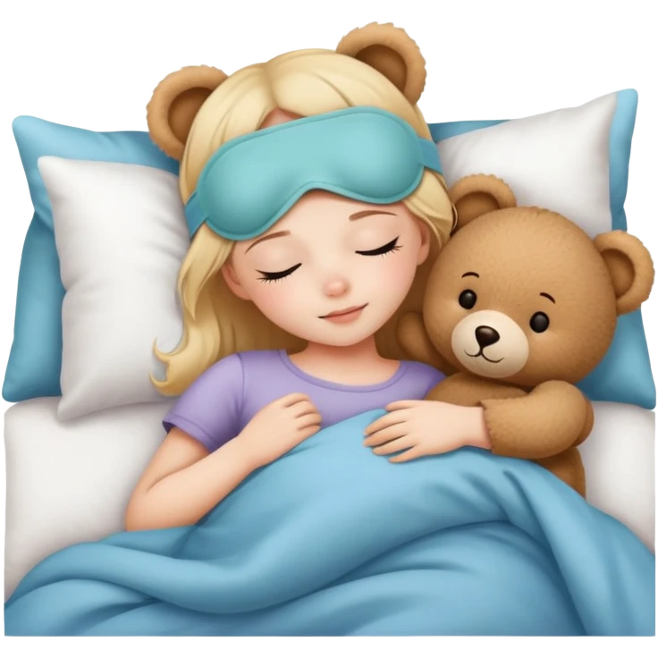 A girl Wearing a cute sleep mask is sleeping with a Teddy Bear emoji