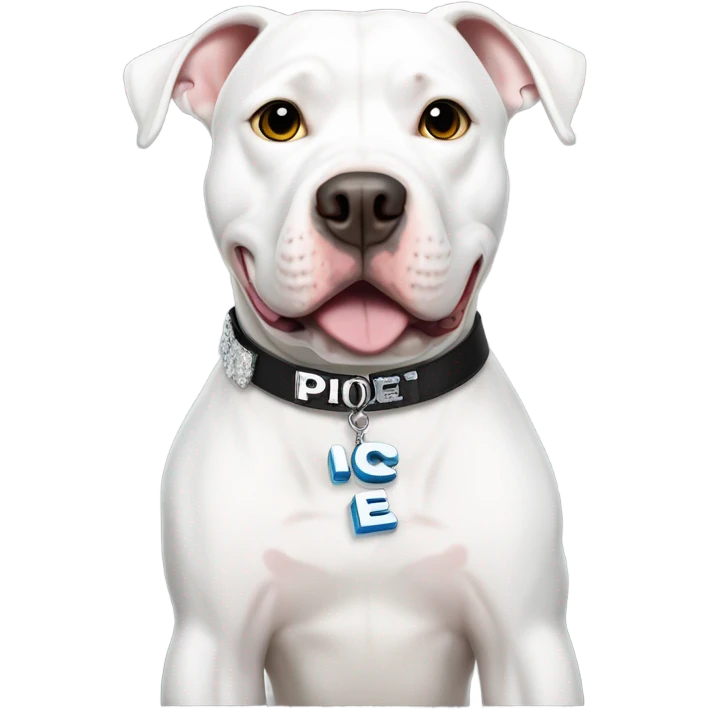 White pitbull with a collar that spells out Ice emoji