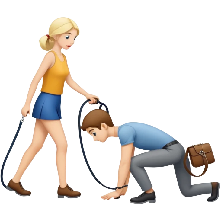 woman walking a man on all fours with a leash emoji