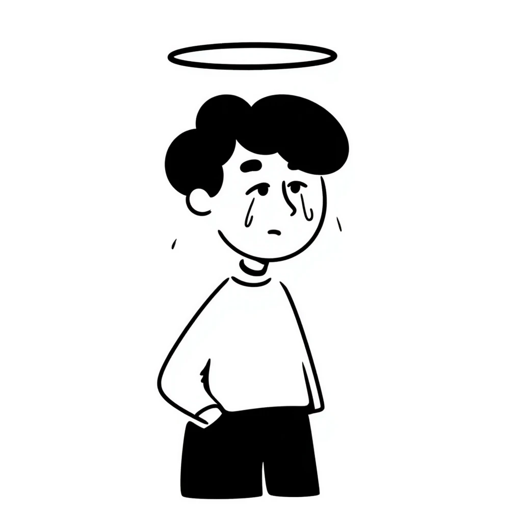 person with a halo, tears streaming down their face emoji