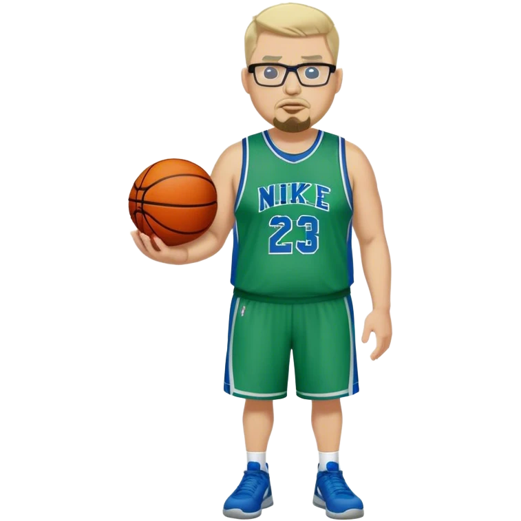 Full Body white male plus size wearing glasses with a goatee with light blonde and gray very short hair mad basketball head Coach in blue and green wearing Nike dress gear emoji