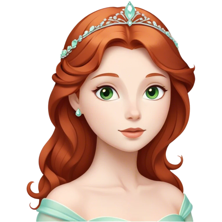 Cinematic Timeless Sleeping Beauty Portrait Emoji, rendered in a clean, vector style. Depict Aurora with delicate porcelain skin, elegantly arranged auburn hair, and a serene, graceful expression, dressed in her iconic gown. The design features bold, simplified shapes, a soft, enchanting glow, and a subtle glowing outline, capturing her timeless, fairy-tale beauty. emoji
