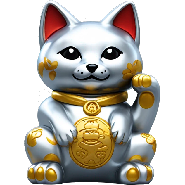 fully chrome fox statue in the form of maneki neko emoji