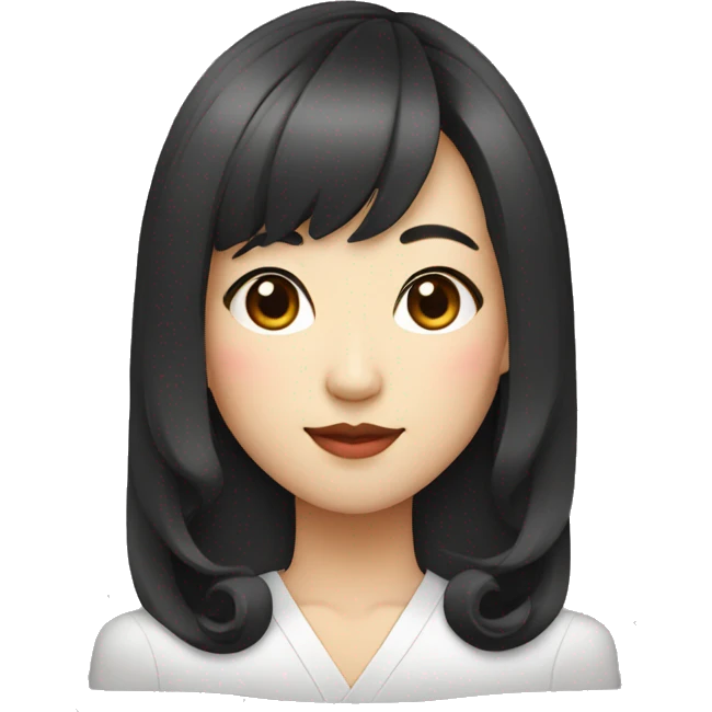 asian lady with a rectangular face shape, round nose, korean bangs and long curls emoji