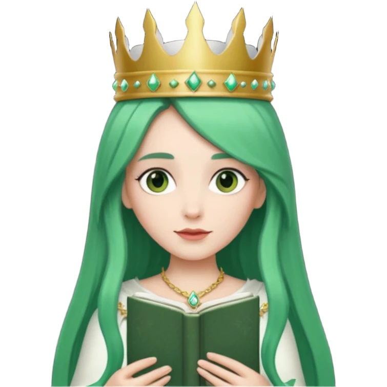 Long Hair Women with green Book, White straight hair, crown

 emoji