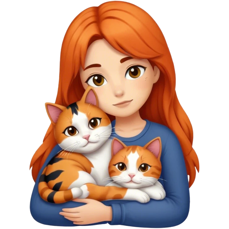 auburn girl snuggling a calico cat emoji