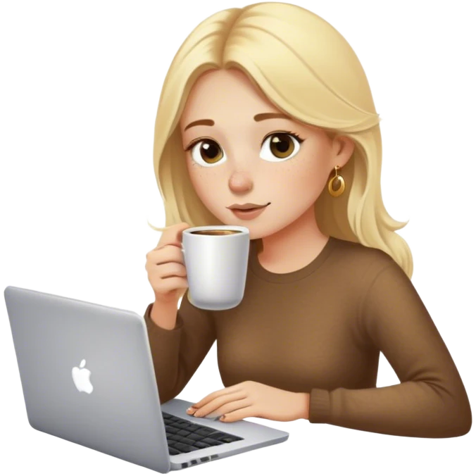A blonde girl, beautiful, gorgeous, freckles on nose, golden nose ring, drinking coffee while writing on a laptop emoji