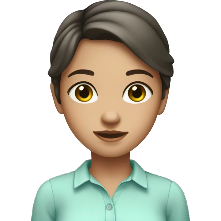 girl with straight short dark brown hair, green hazel eyes, faint freckles, and a light blue shirt emoji