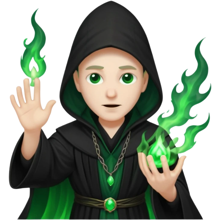 A dark sorcerer in flowing black robes, conjuring eerie green flames emoji