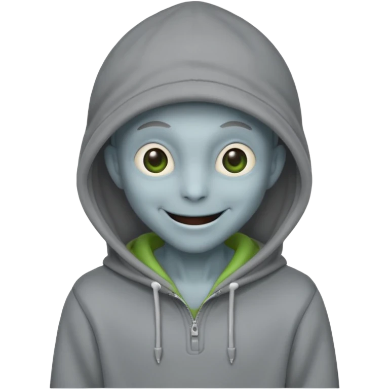 alien in gray hoodie full height, wear hoodie hat, happy emoji