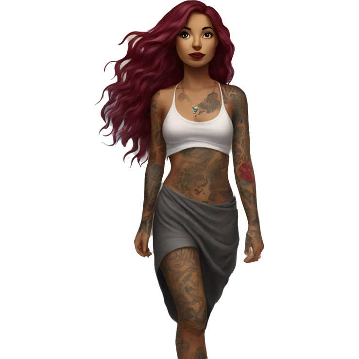 Beautiful tattooed  burgundy long haired woman walking on the beach emoji