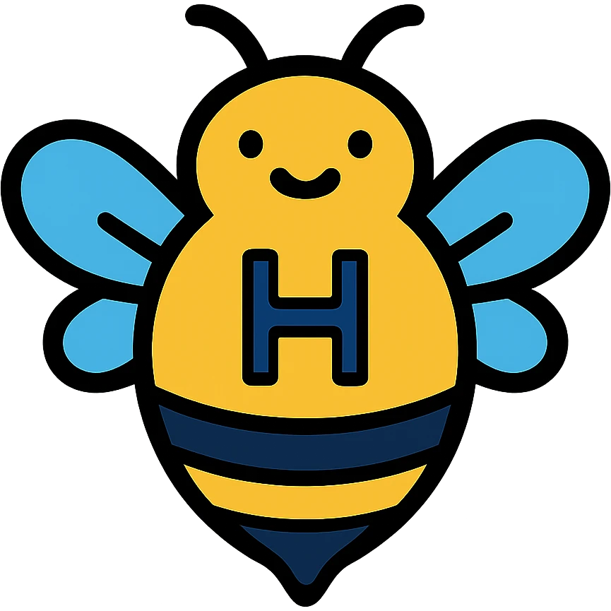 cartoonish bumblebee with the letter H, bold stripes, colorful lineal icon with black outlines emoji