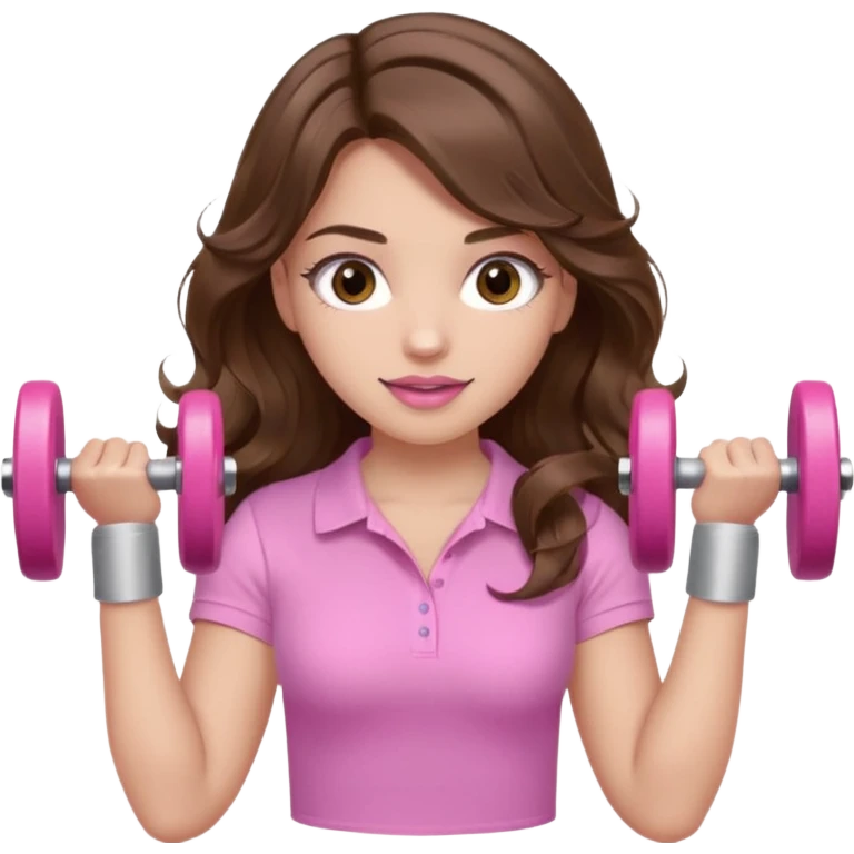 girl with wavy long brown hair, brown eyes, light to medium complexion, long lashes, light pink lipstick, wearing light pink shirt, lifting a pink dumbells emoji