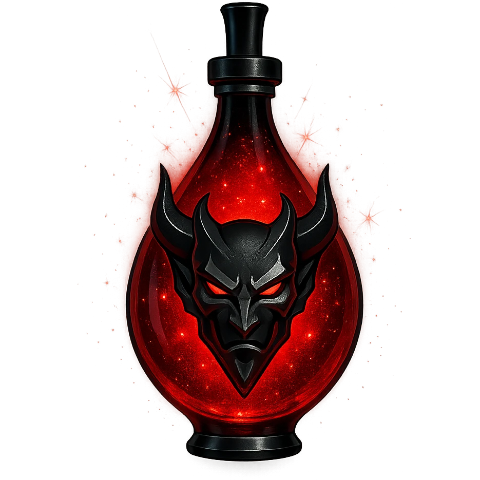 red demon drop-shaped luxurious elixir bottle, Discord edgy and cool vibe, deep red color, black and silver details, intense magical glowing and sparkling effects, very small neck, seamless bottom, transparent background, floating, no base or shadow, modern, matching a collection emoji
