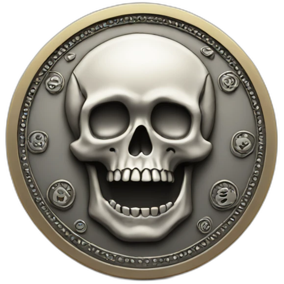 A coin with patterns with a small skull in middle emoji