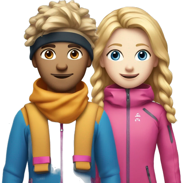 Skier boy white skin with ginger scruff and Skier girl with blonde hair and pink gear blue eyes  emoji