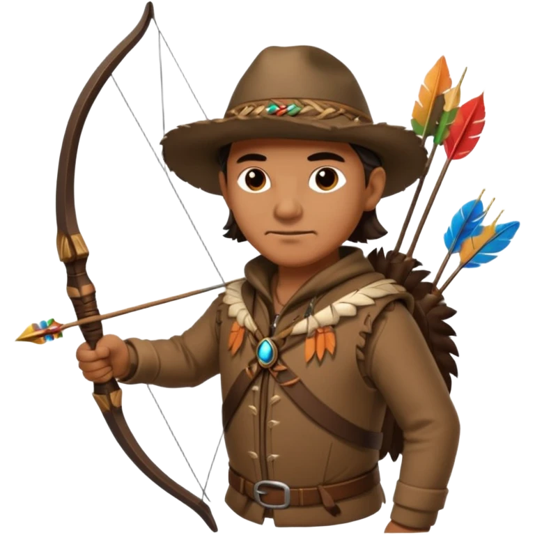 A classic middle-aged hunter with a bow and arrow on his back, dressed in brown clothes and adorned with decorations made of feathers or bone teeth emoji