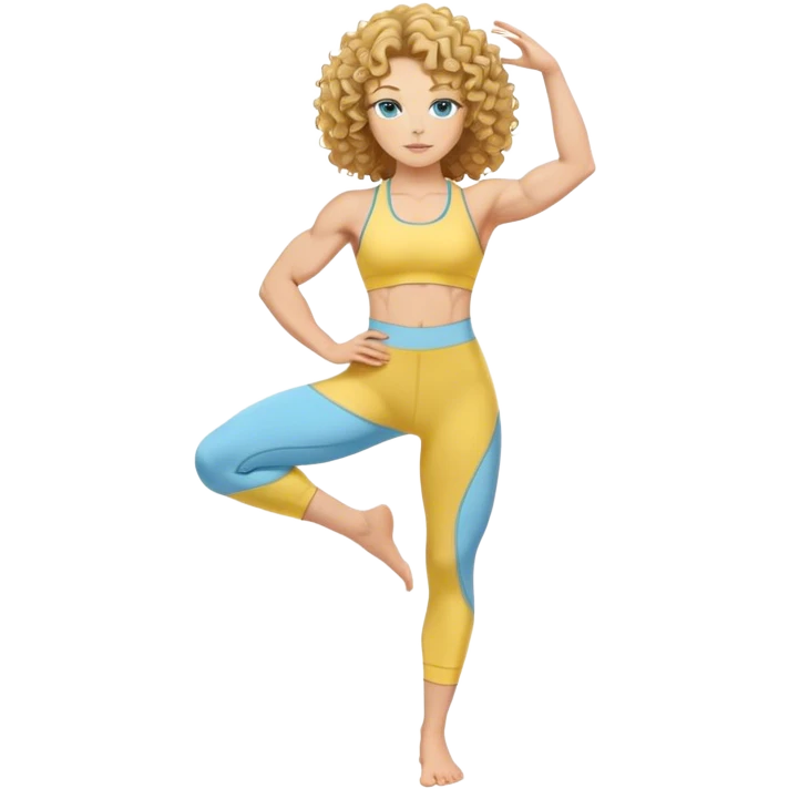 A white girl with golden blue eyes and curly hair showcases strong and powerful arm muscles, wearing a lemon yellow upper body and sky blue lower body yoga suit emoji