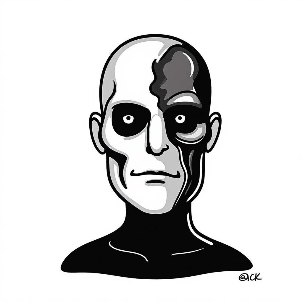 Realistic T-1000 terminator with liquid metal face transformation emoji