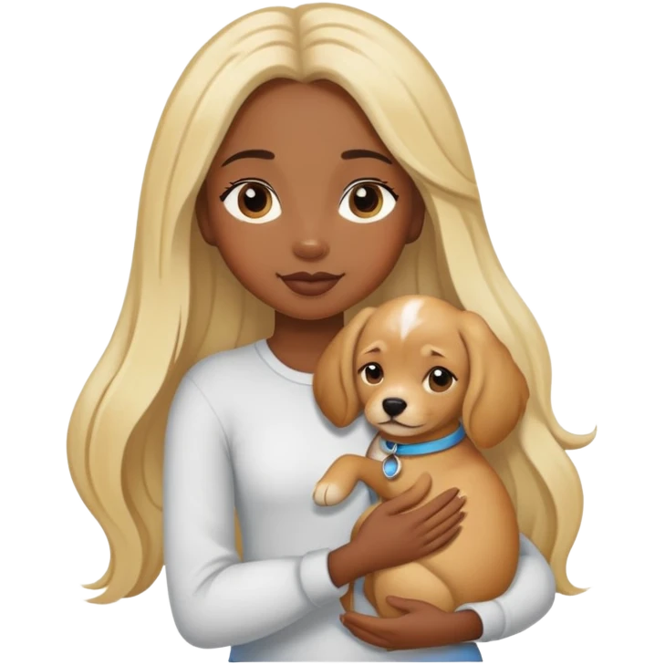 black girl with long blonde hair holding dog in arms emoji