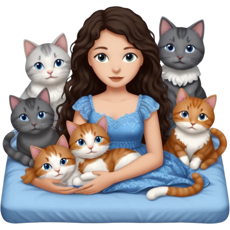 detailed realistic looking a dark grey and white cat regally laying with six other cats, cuddling with their owner in bed who is a pretty bratz lightly tanned white girl with long dark brown hair, blue eyes and gorgeous long wavy hair wearing a pretty detailed dress emoji