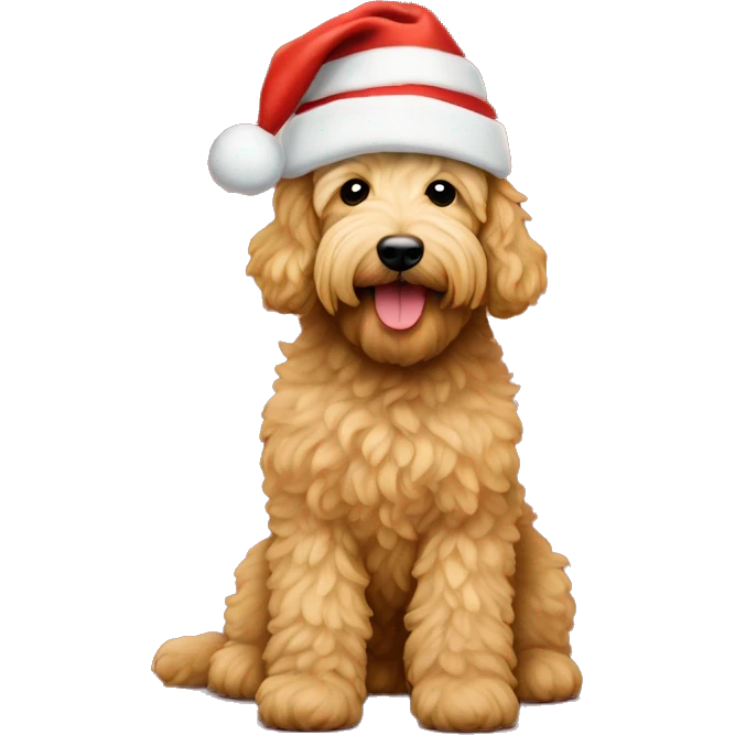 a golden doodle with a beige christmas hat on and mini uggs on his feet emoji
