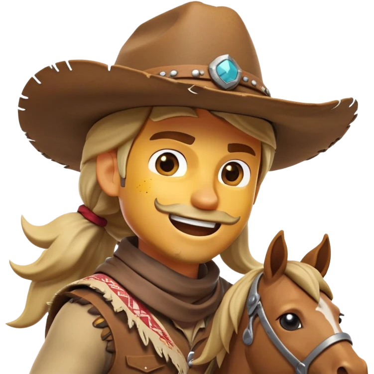 clash-of-clans-aesthetic_-cinematic-playful-cowboy-portrait-emoji, head-tilted with a roguish, cheeky grin and twinkling eyes, featuring a rugged, spirited build with a wide-brimmed cowboy hat and a weathered bandana on tan skin, riding a powerful galloping horse with dynamic flowing mane, reins gripped firmly in one hand and a lasso in the other, as dust swirls behind them in a vast desert landscape. emoji